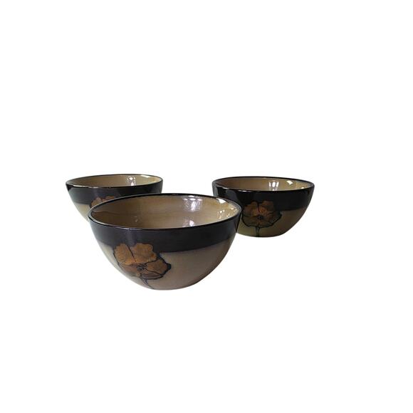 PFALTZGRAFF Brown Tan Painted Poppies Stoneware 6" Soup Cereal Bowls Set of 3 - Picture 1 of 8